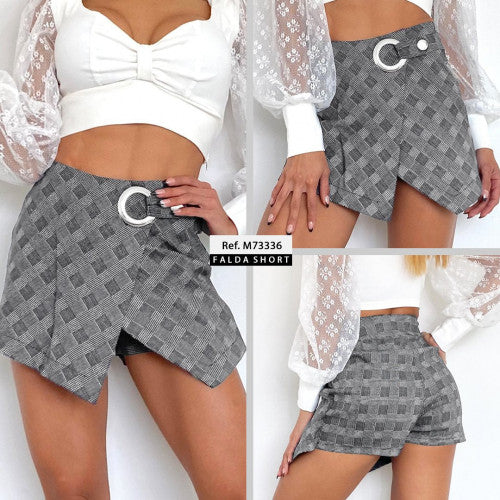 M73336 FALDA SHORT BENGALINA CUADROS ESTAMPADO GRIS OSCURO