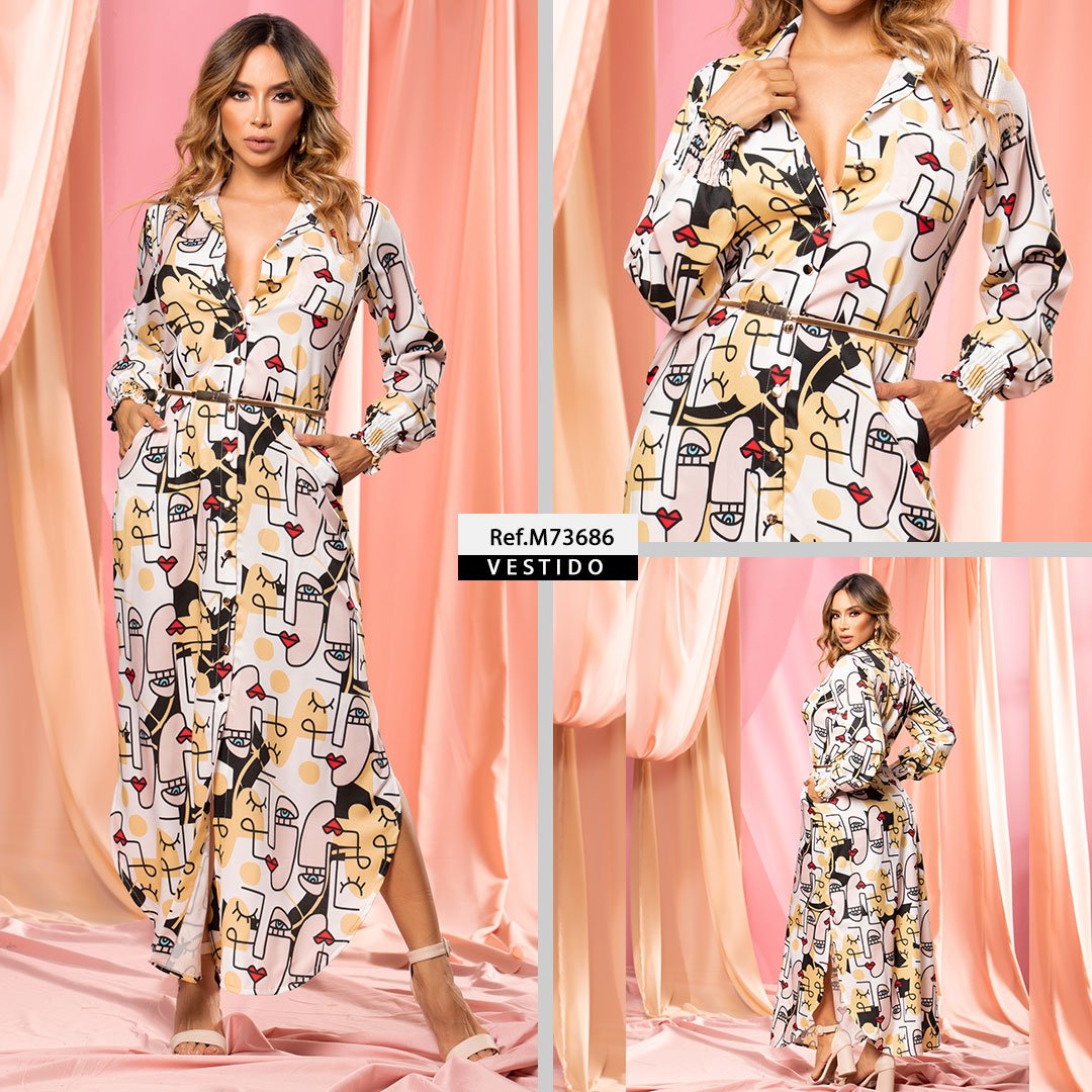 M73686 VESTIDO CHALIS DIAGONAL ESTAMPADO BEIGE