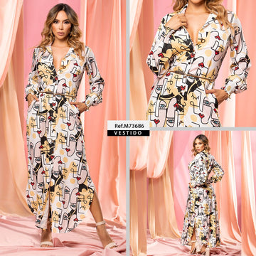 M73686 VESTIDO CHALIS DIAGONAL ESTAMPADO BEIGE