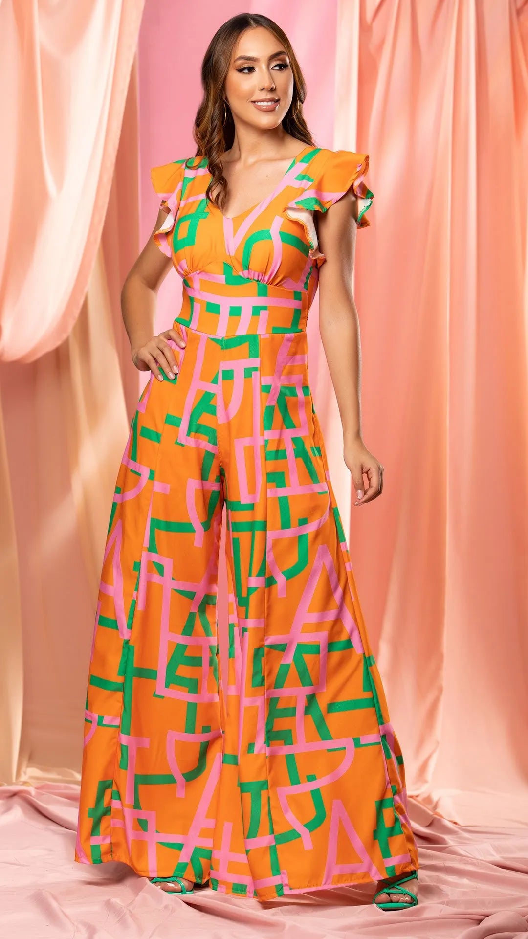 M73703 ENTERIZO CHALIS DIAGONAL ESTAMPADO NARANJA