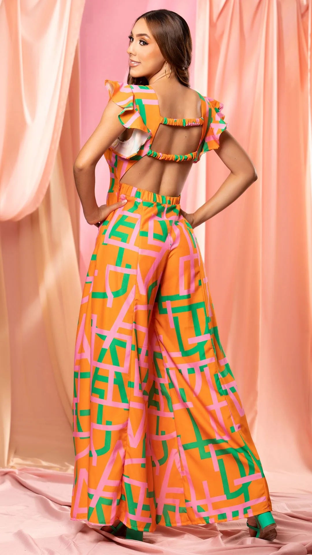 M73703 ENTERIZO CHALIS DIAGONAL ESTAMPADO NARANJA