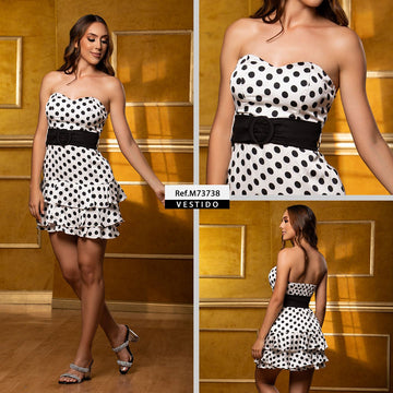 M73738 VESTIDO SATIN BOLAS  ESTAMPADO BLANCO