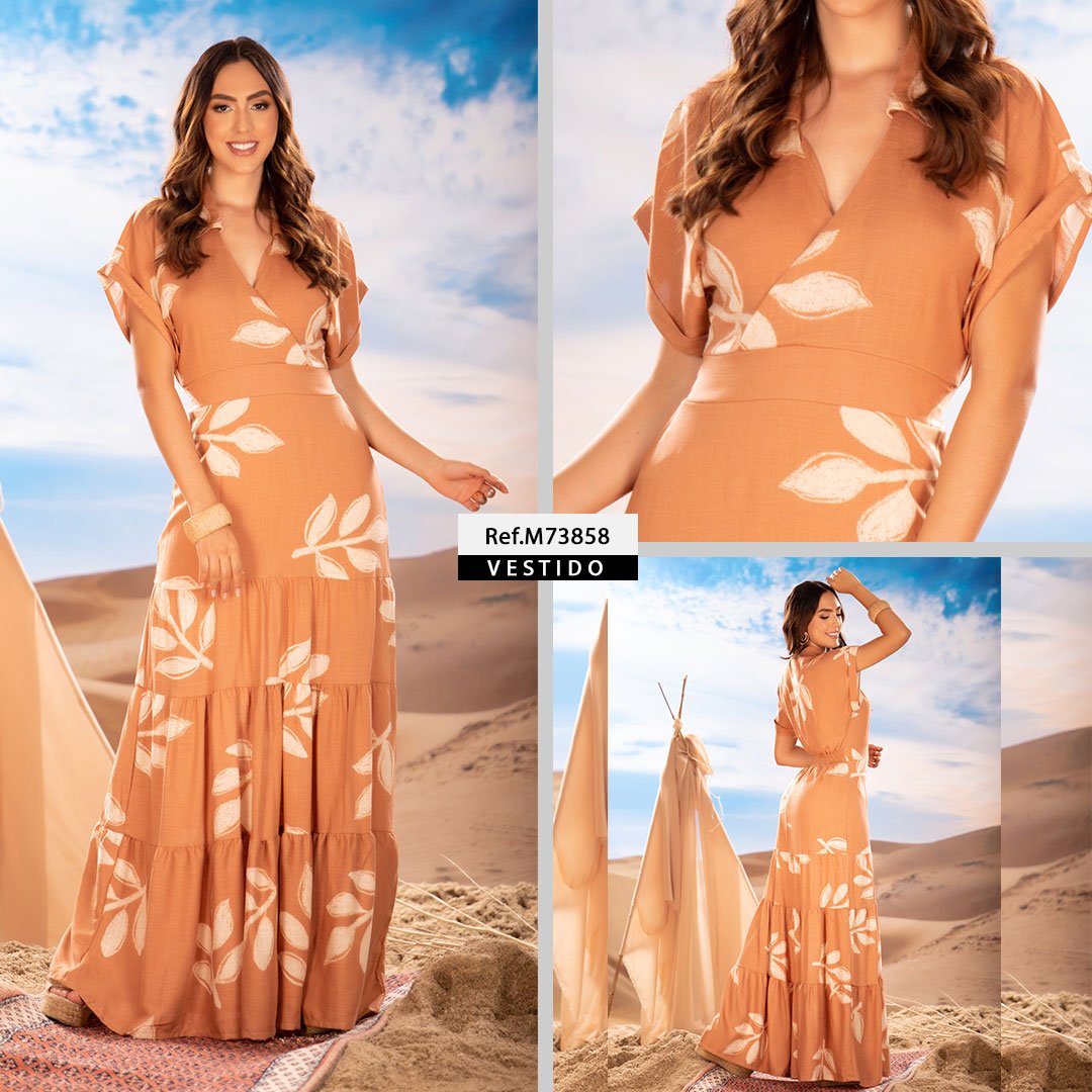 M73858 VESTIDO LINO ESTAMPADO CAMEL