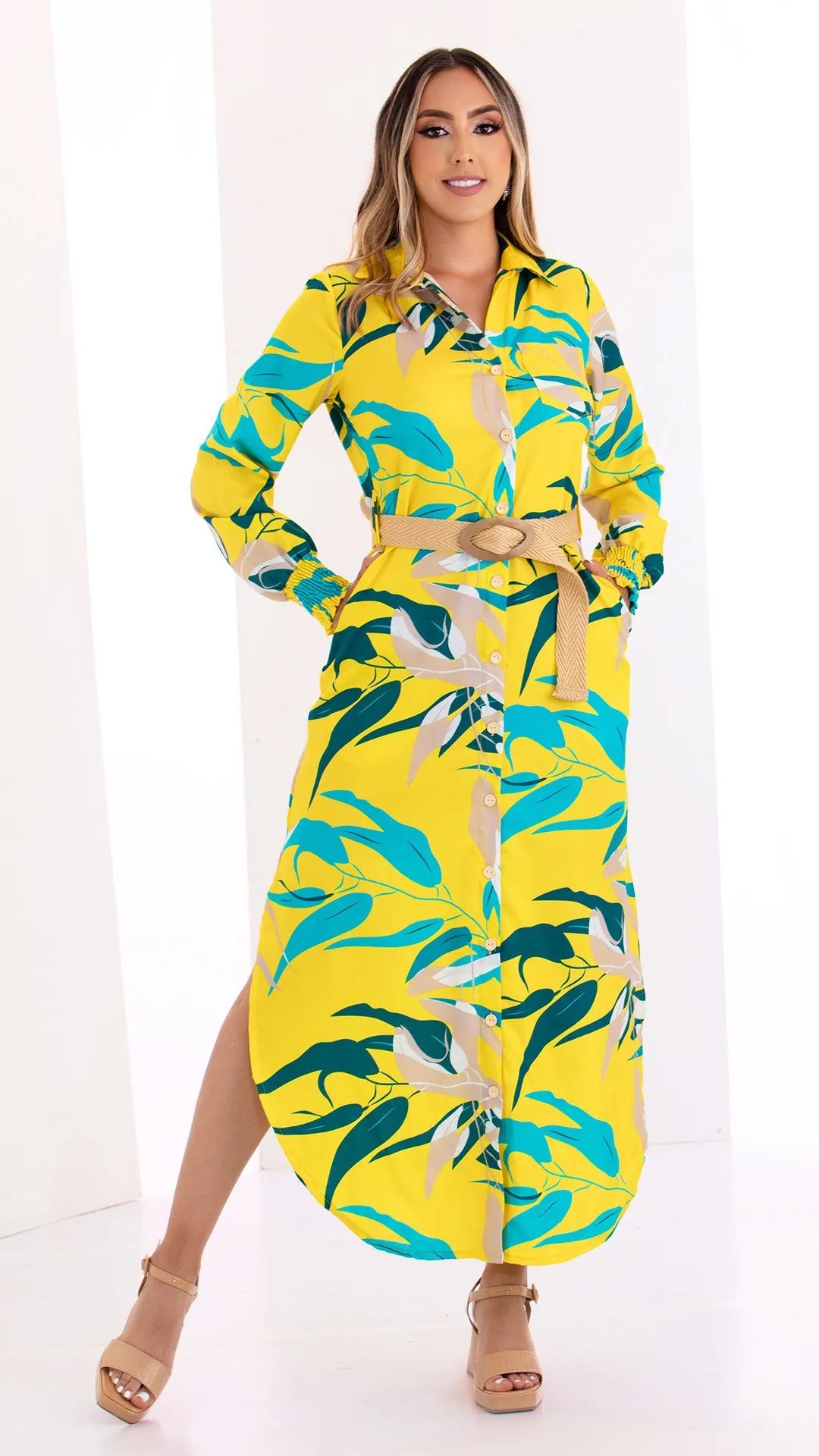 M73884 VESTIDO CHALIS DIAGONAL ESTAMPADO AMARILLO