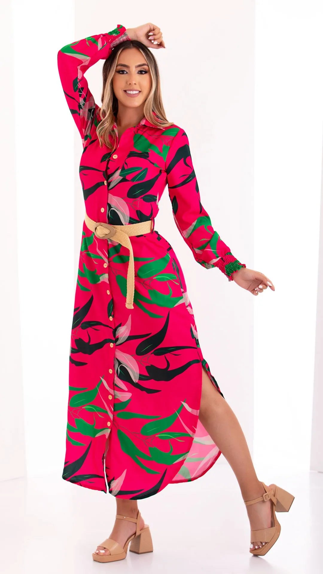 M73884 VESTIDO CHALIS DIAGONAL ESTAMPADO FUCSIA