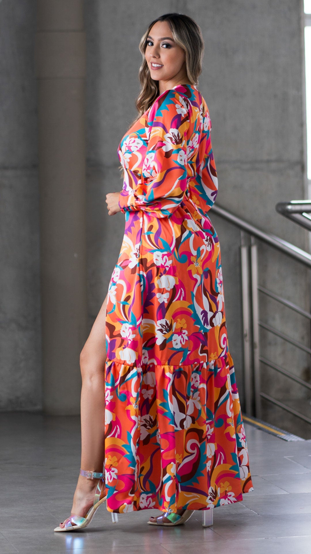 M73899 VESTIDO SATIN ESTAMPADO NARANJA