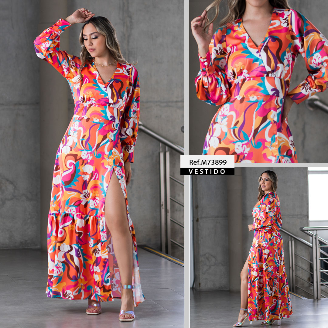 M73899 VESTIDO SATIN ESTAMPADO NARANJA