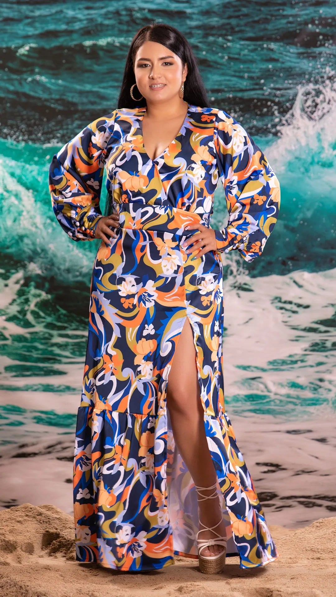 M73899 VESTIDO SATIN ESTAMPADO AZUL OSCURO