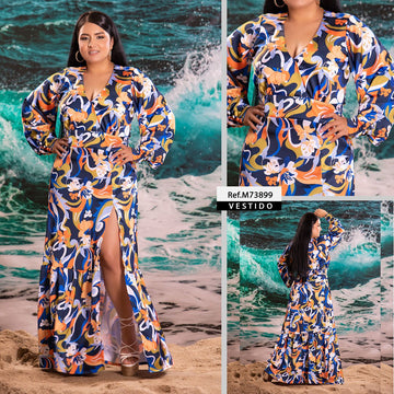 M73899 VESTIDO SATIN ESTAMPADO AZUL OSCURO