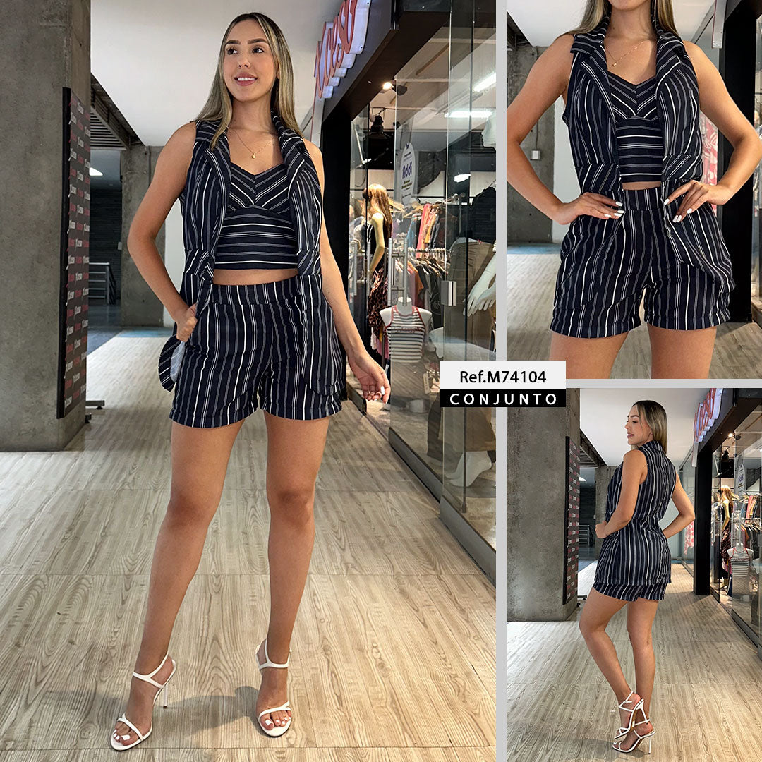 M74104 CONJUNTO TRIO LINO RAYAS AZUL OSCURO