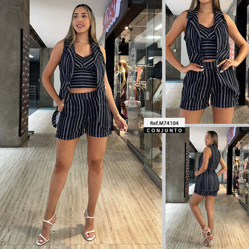 M74104 CONJUNTO TRIO LINO RAYAS AZUL OSCURO