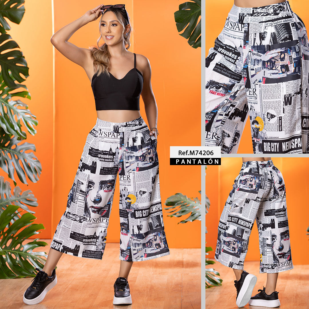 M74206 PANTALÓN LINO PERIODICO MARFIL