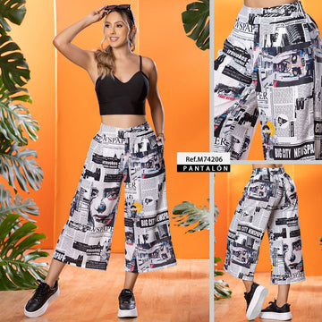 M74206 PANTALÓN LINO PERIODICO MARFIL