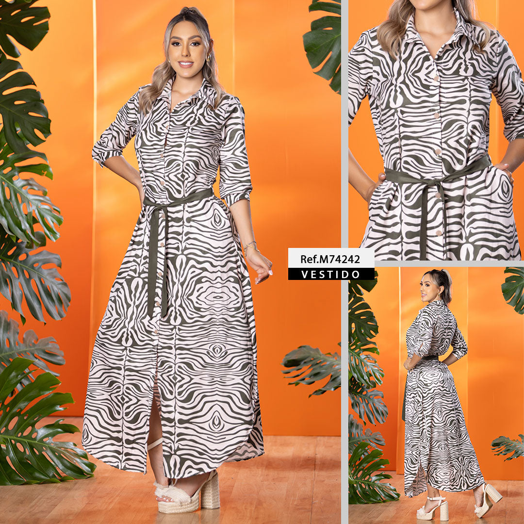 M74242 VESTIDO FALSO CHALIS ESTAMPADO CAMEL