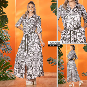 M74242 VESTIDO FALSO CHALIS ESTAMPADO CAMEL