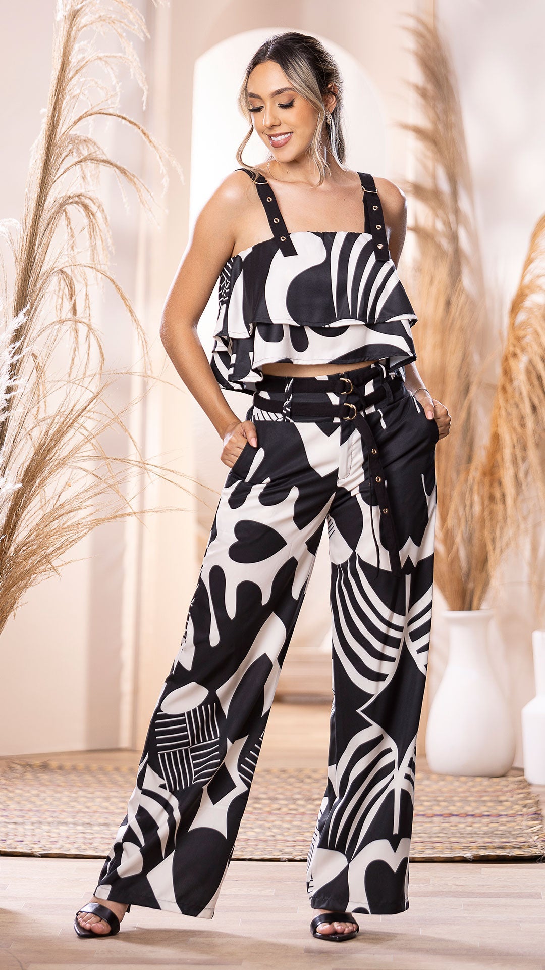 M74266 CONJUNTO FALSO CHALIS ESTAMPADO MARFIL/NEGRO