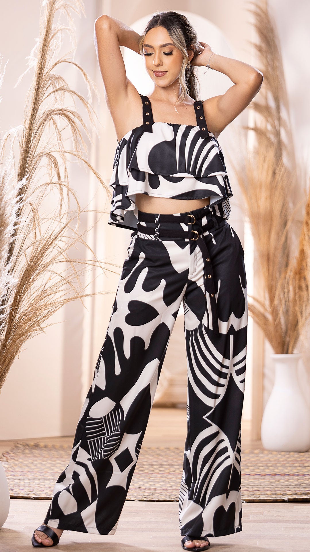 M74266 CONJUNTO FALSO CHALIS ESTAMPADO MARFIL/NEGRO