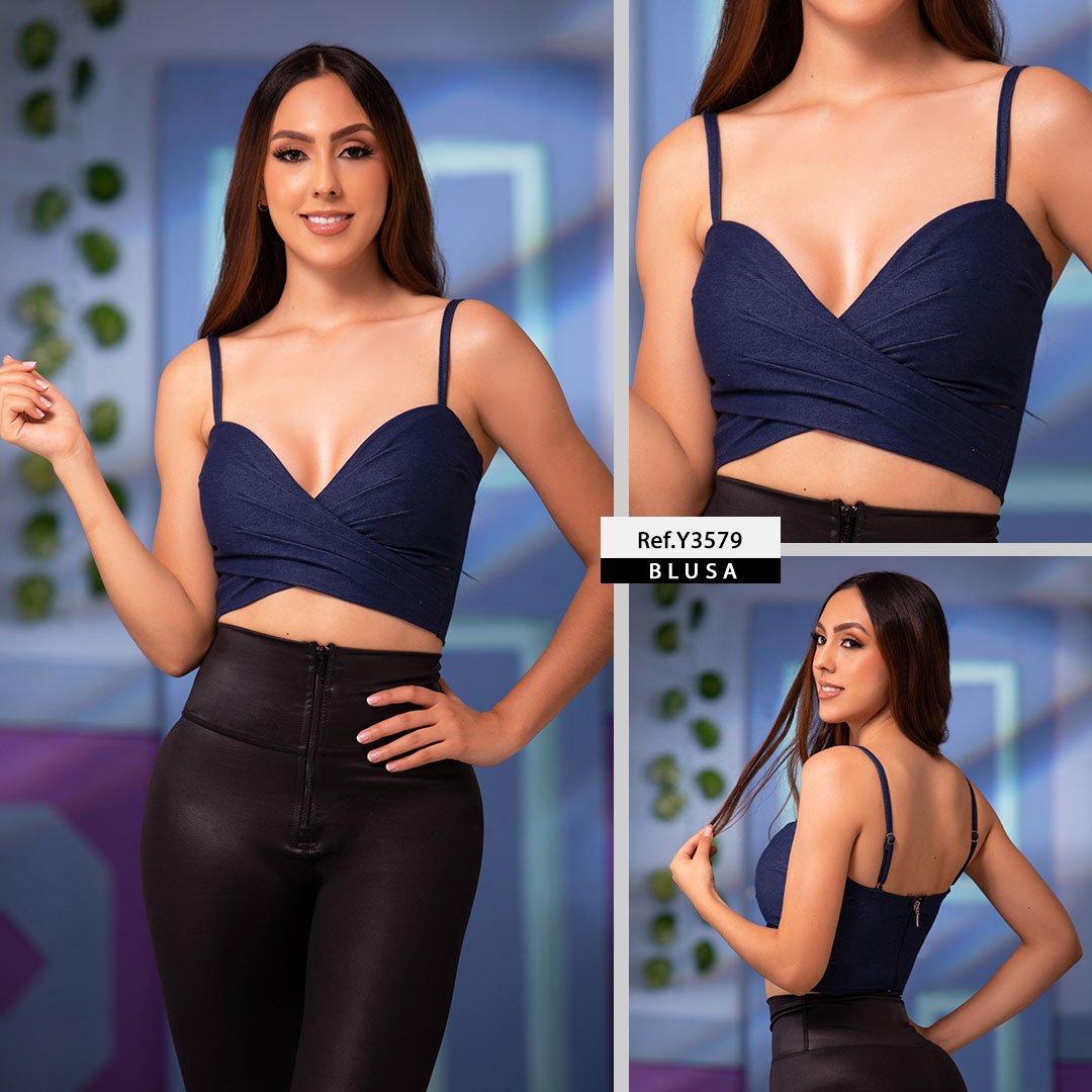 Y3579 CROP TOP DENIM SKINNY AZUL OSCURO