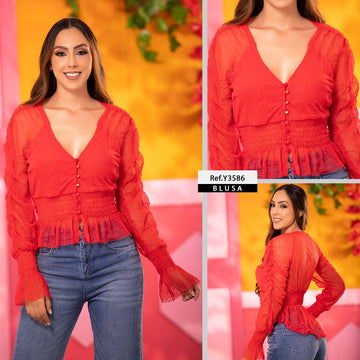 Y3586 BLUSA TULL PUNTOS ROJO