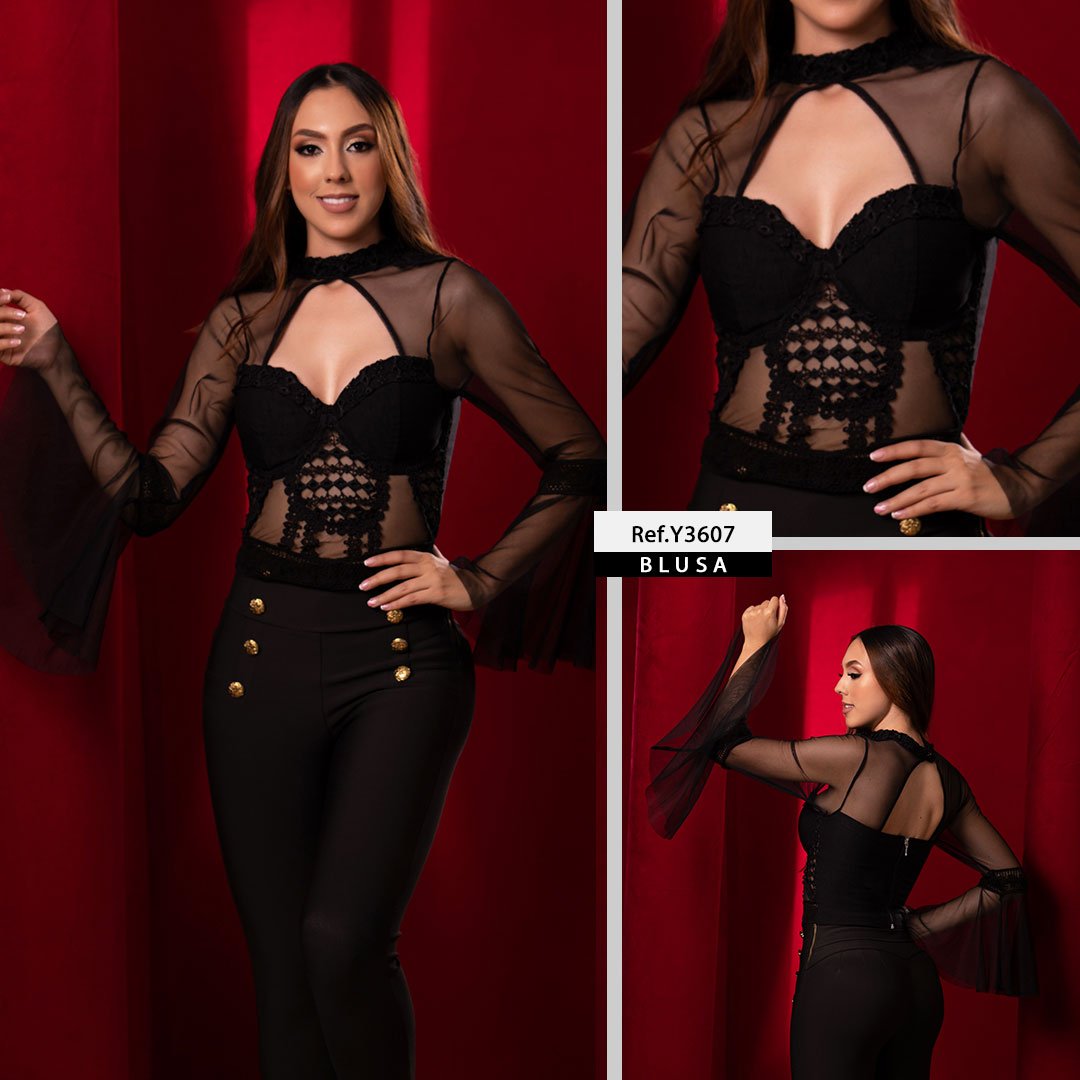 Y3607 BLUSA BENGALINA Y TULL NEGRO