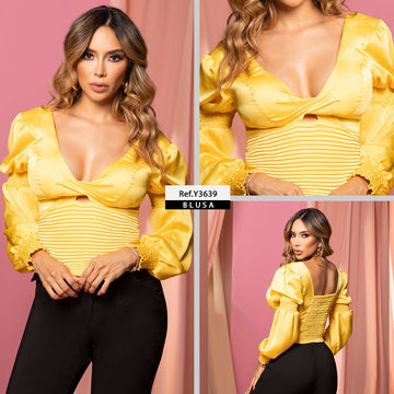 Y3639 BLUSA PLISADA SATIN AMARILLO