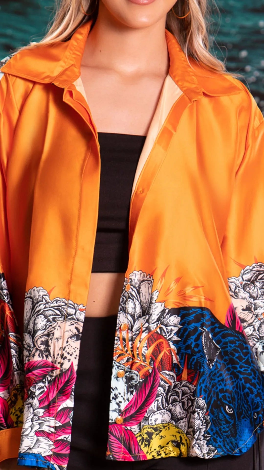 Y3644 CAMISA TIGRES SATIN ESTAMPADO NARANJA