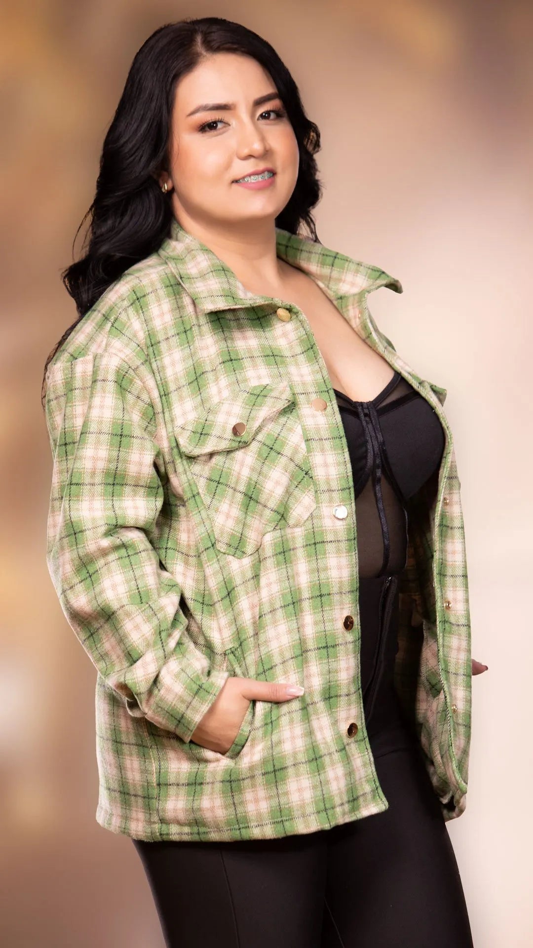 Y3657 CHAQUETA LANILLA CUADROS ESTAMPADO VERDE