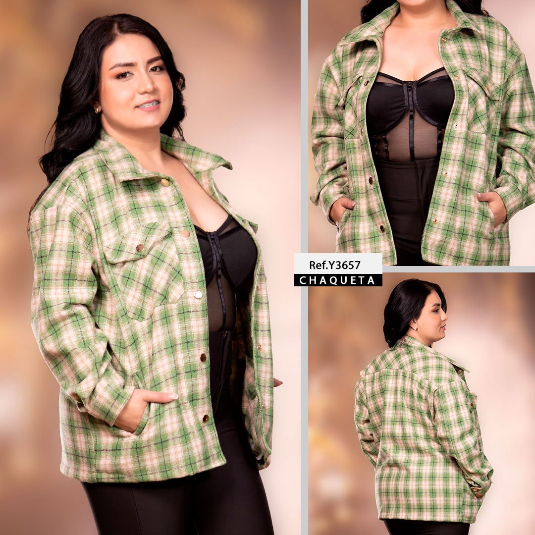 Y3657 CHAQUETA LANILLA CUADROS ESTAMPADO VERDE