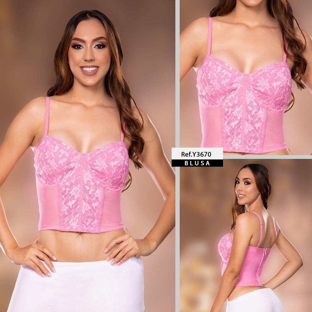 Y3670 BLUSA BENGALINA CON BLONDA ROSADO
