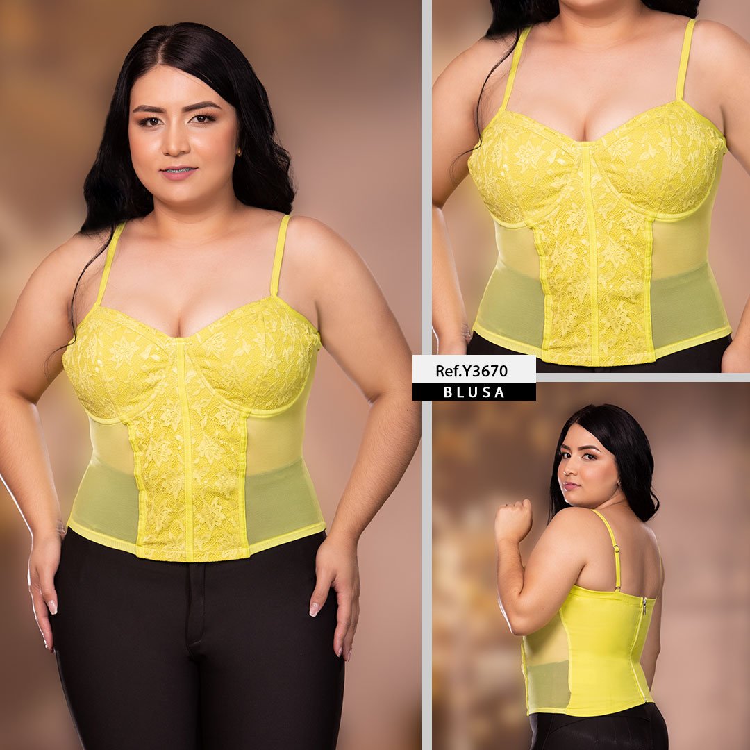 Y3670 BLUSA BENGALINA CON BLONDA VERDE LIMON