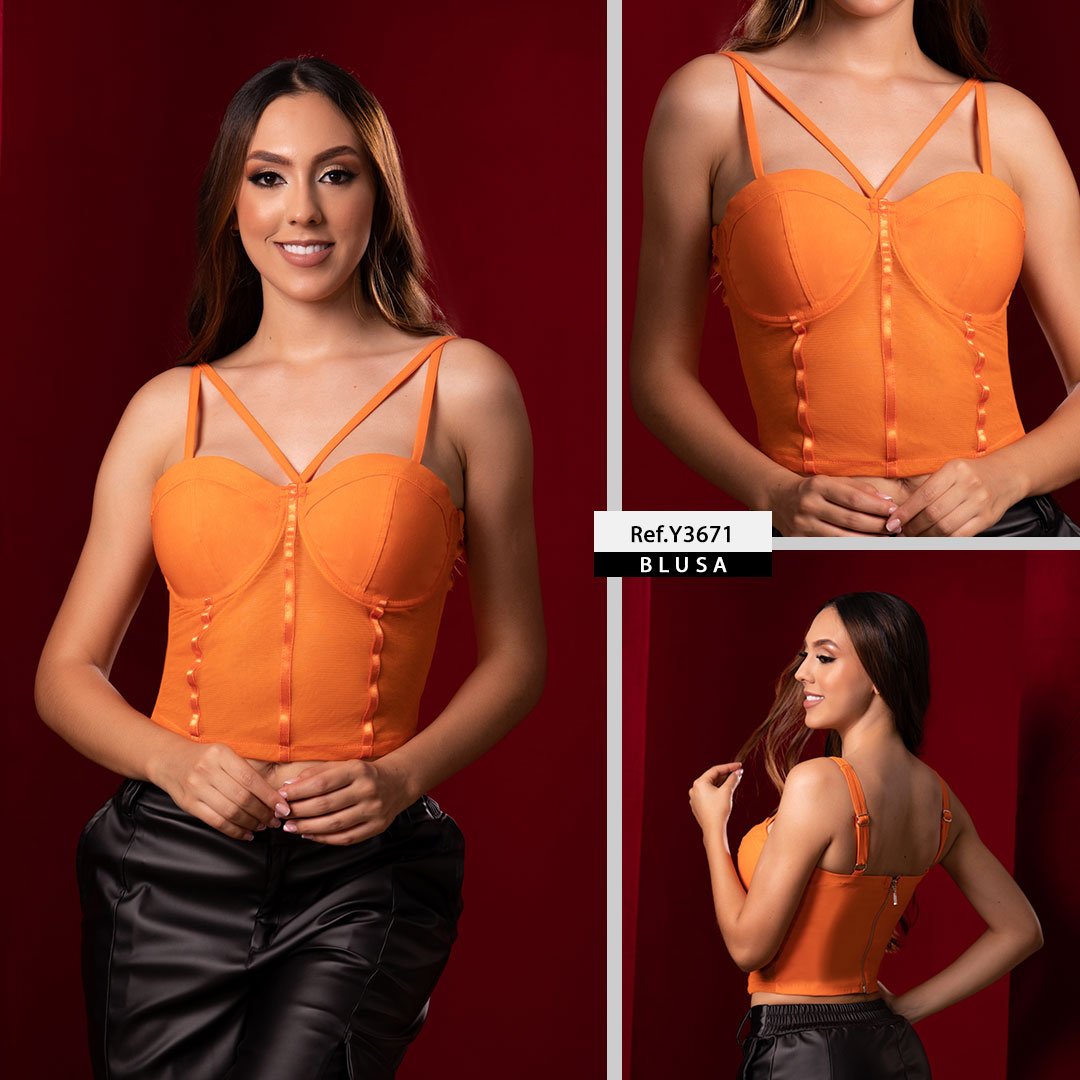 Y3671 BLUSA BENGALINA CON TULL NARANJA