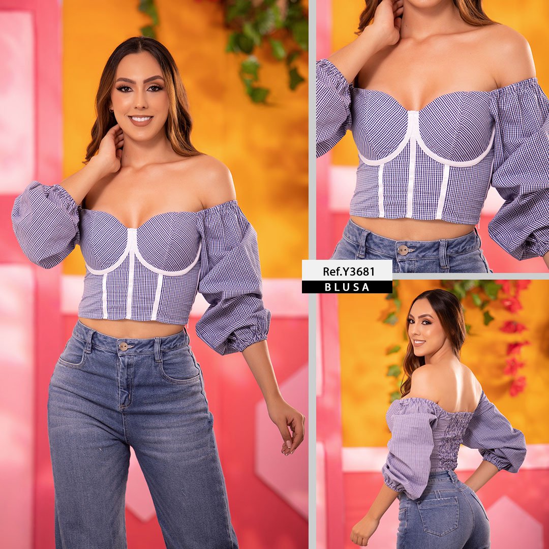 Y3681 BLUSA POPELINA CUADROS ESTAMPADO AZUL REY