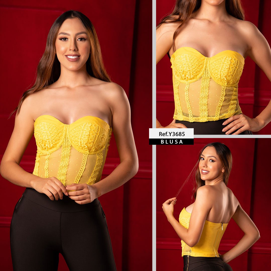 Y3685 BLUSA BENGALINA CON TULL AMARILLO