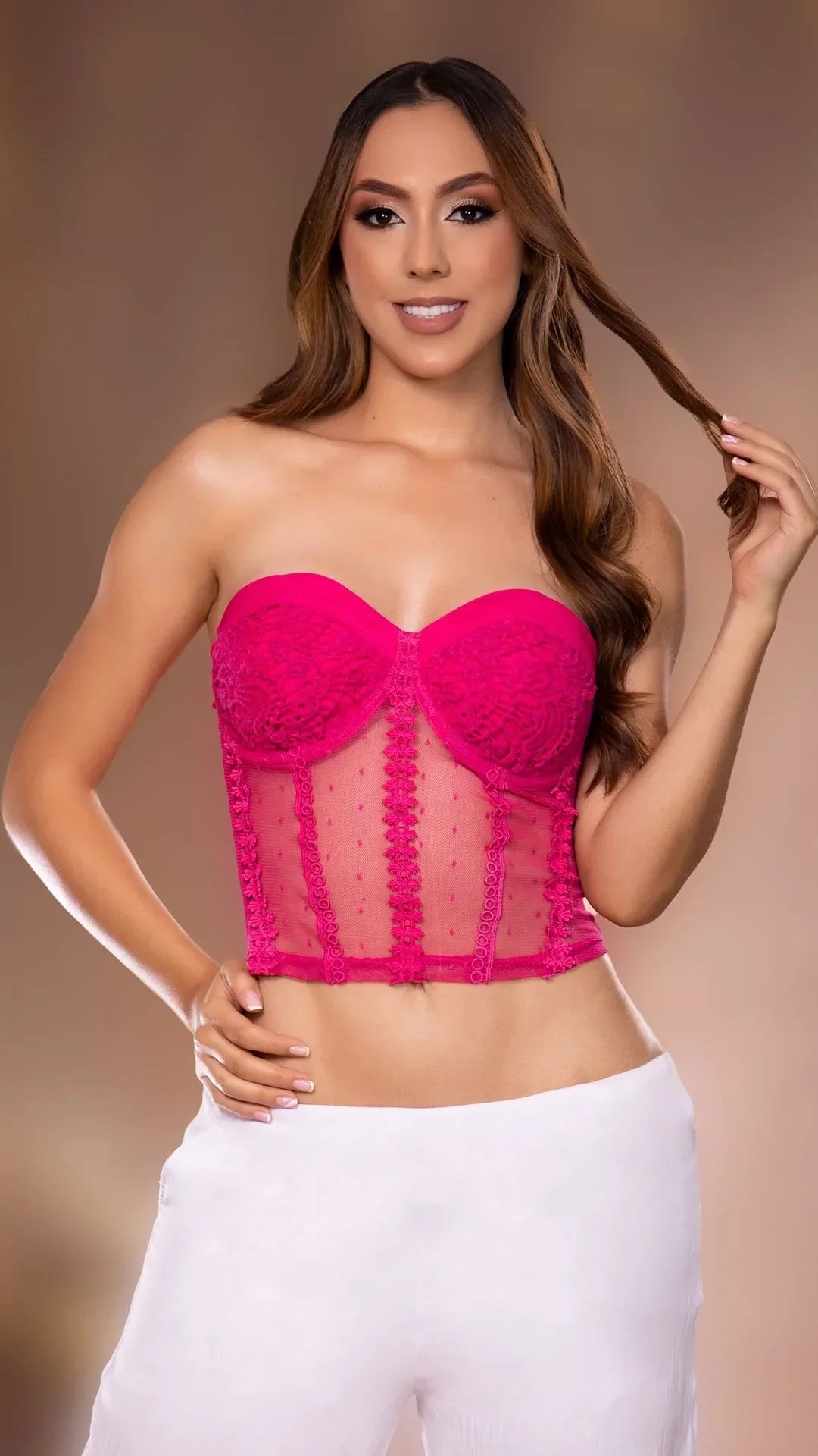 Y3685 BLUSA BENGALINA CON TULL FUCSIA