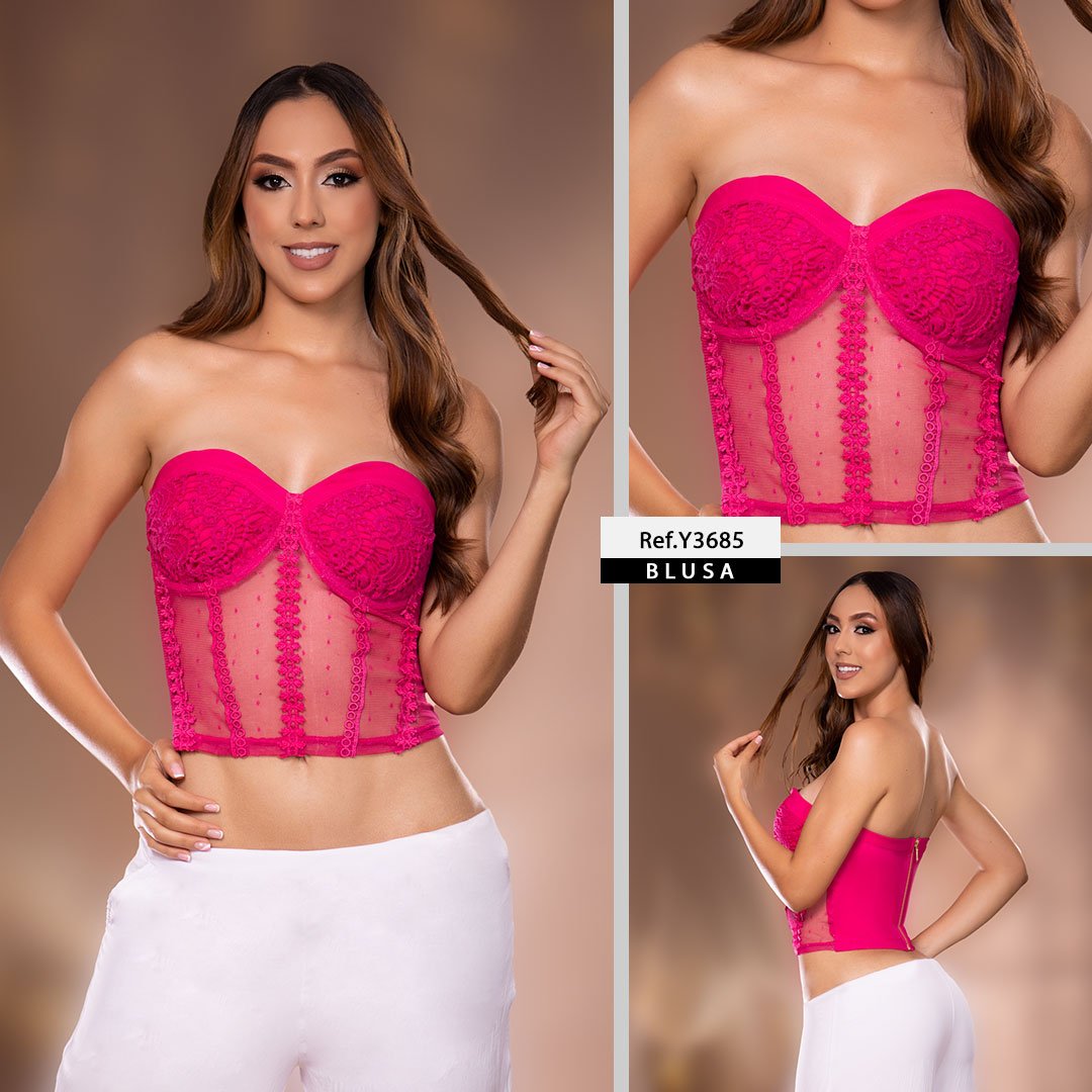 Y3685 BLUSA BENGALINA CON TULL FUCSIA