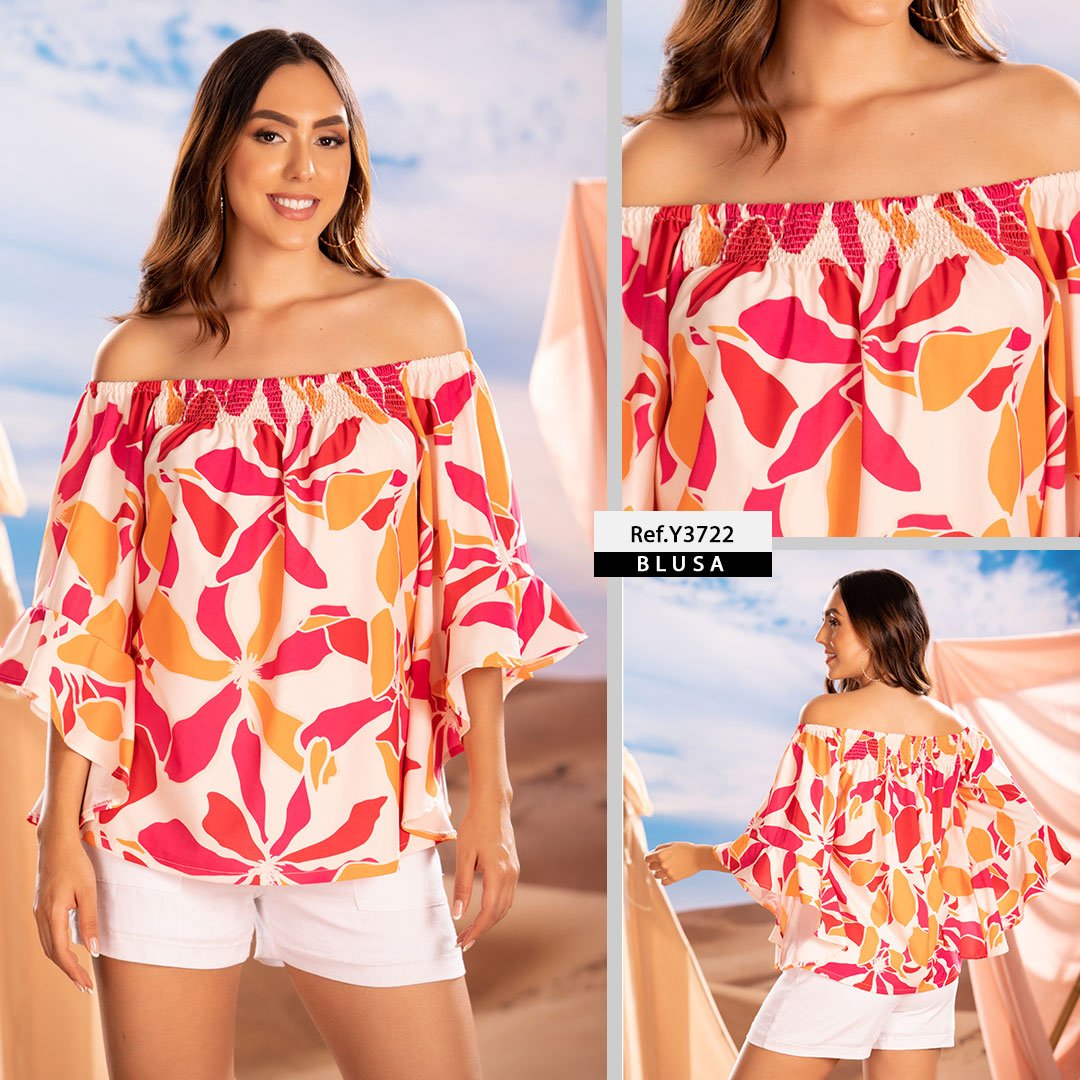 Y3722 BLUSA CHALIS ESTAMPADO NARANJA