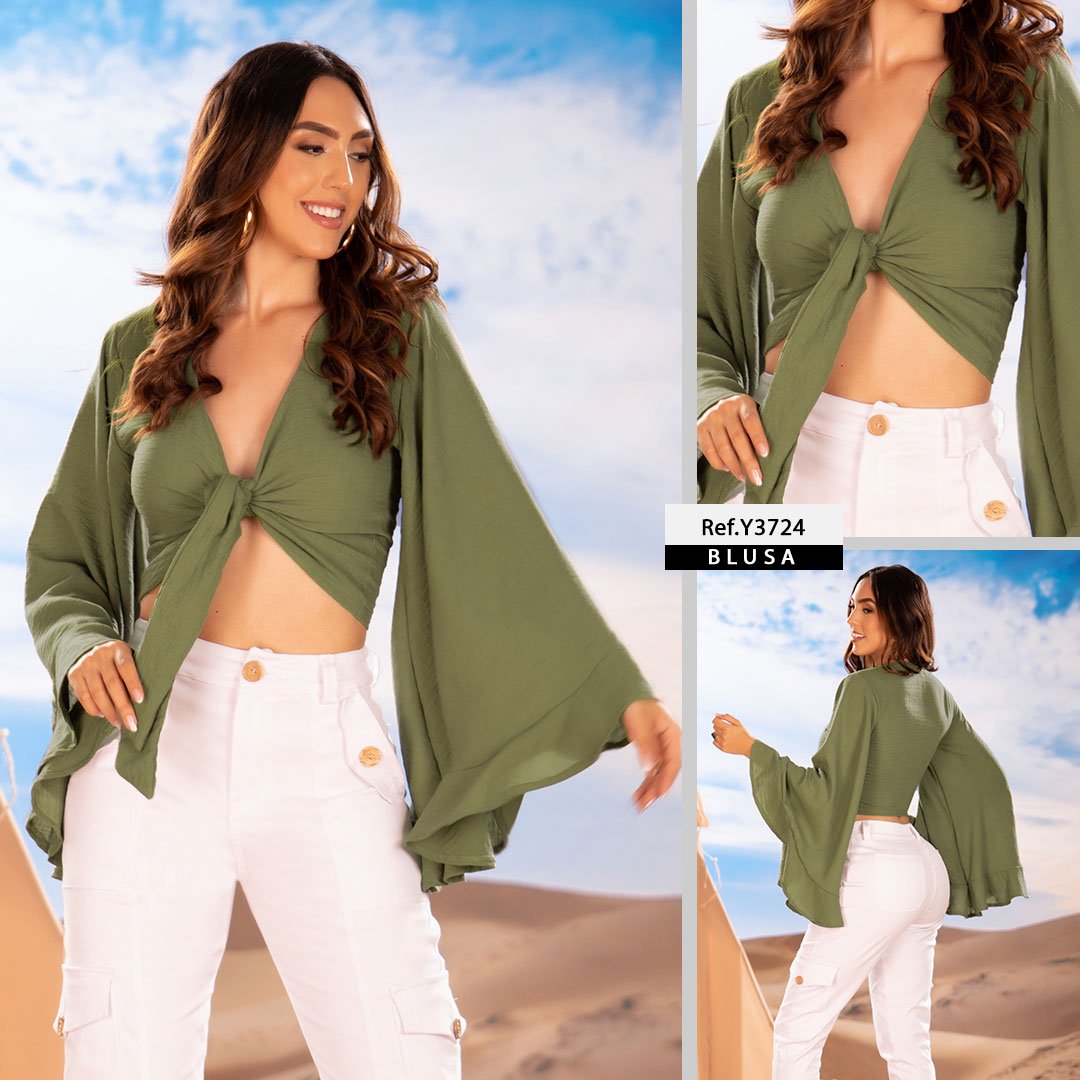 Y3724 BLUSA LINO POLIESTER VERDE MILITAR