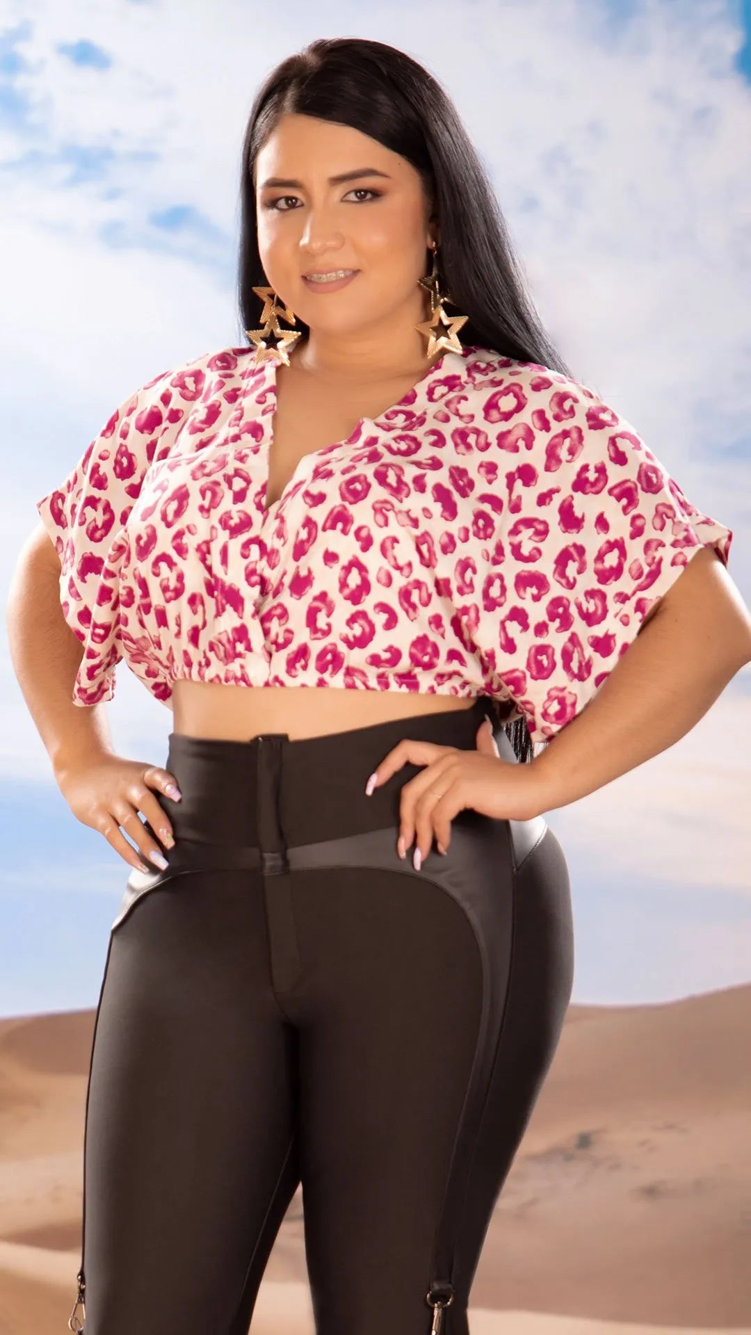 Y3733 BLUSA CHALIS ANIMAL PRINT FUCSIA