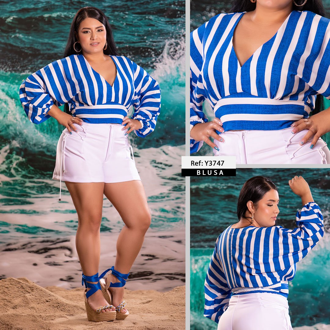 Y3747 BLUSA CHALIS DIAGONAL ESTAMPADO AZUL