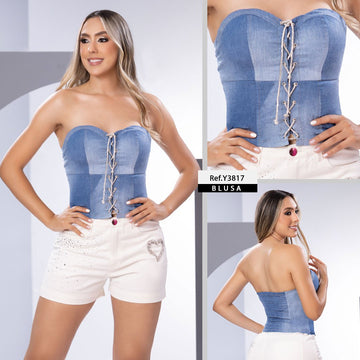 Y3817 BLUSA CHAMBRAY AZUL