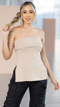 Y3864 BLUSA RIB TEJIDO DOBBY CAMEL