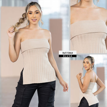 Y3864 BLUSA RIB TEJIDO DOBBY CAMEL