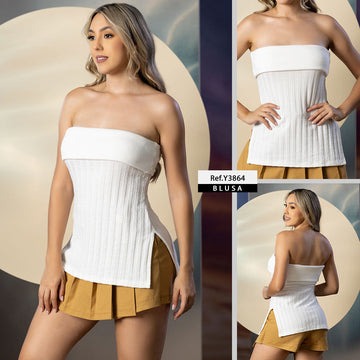 Y3864 BLUSA RIB TEJIDO DOBBY MARFIL