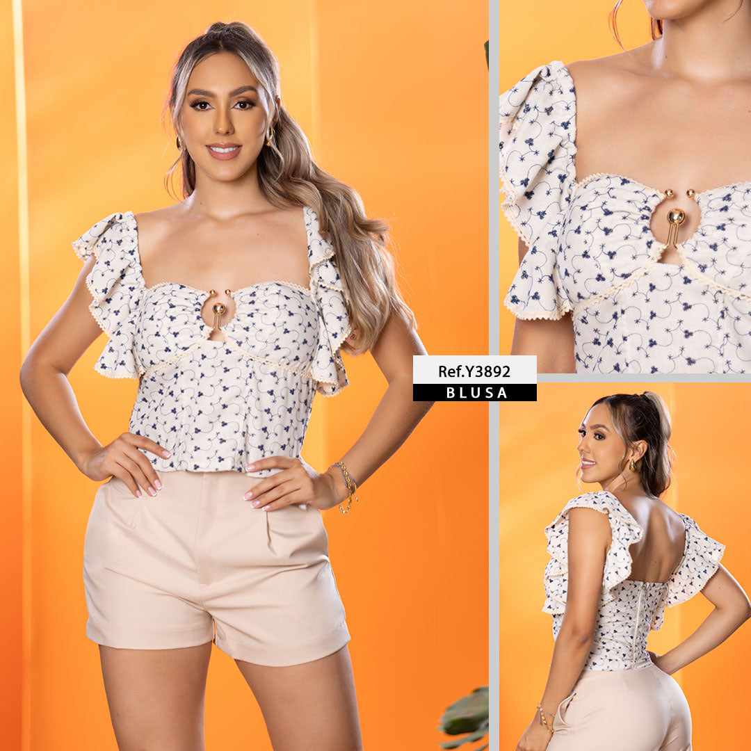 Y3892 BLUSA LINO BORDADO CAMEL