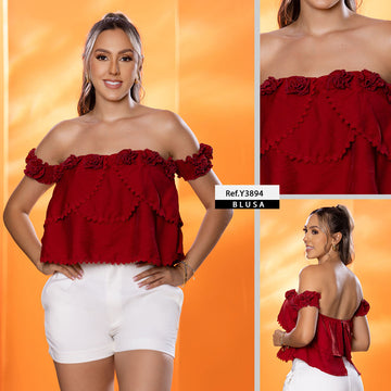 Y3894 BLUSA LINO POLIESTER ROJO