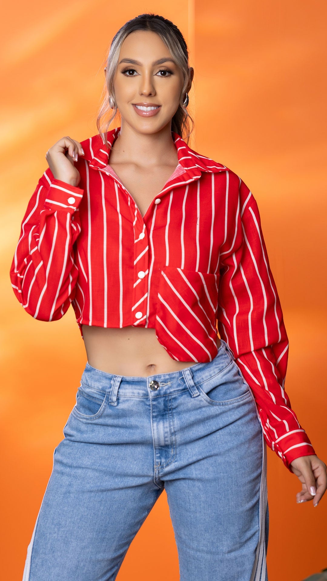 Y3901 CAMISA LINO RAYAS ROJO