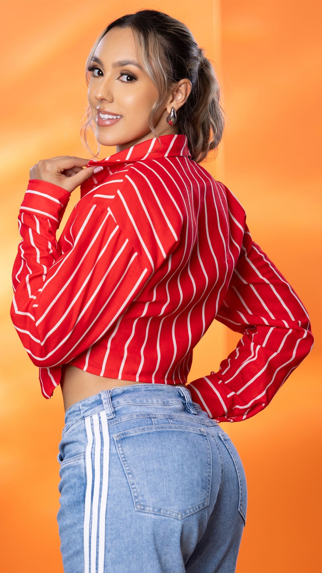 Y3901 CAMISA LINO RAYAS ROJO