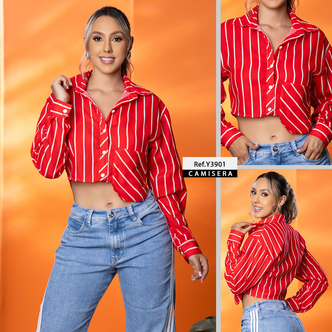 Y3901 CAMISA LINO RAYAS ROJO